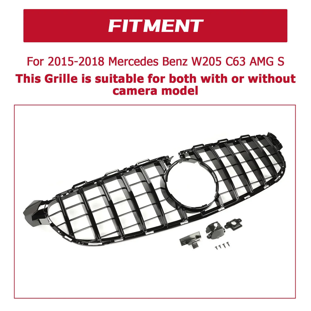 Kojem Front Bumper Grille for 2015 2016 2017 2018 Mercedes Benz W205 C63 AMG S Black Painted for Both with Or without Camera Model shield