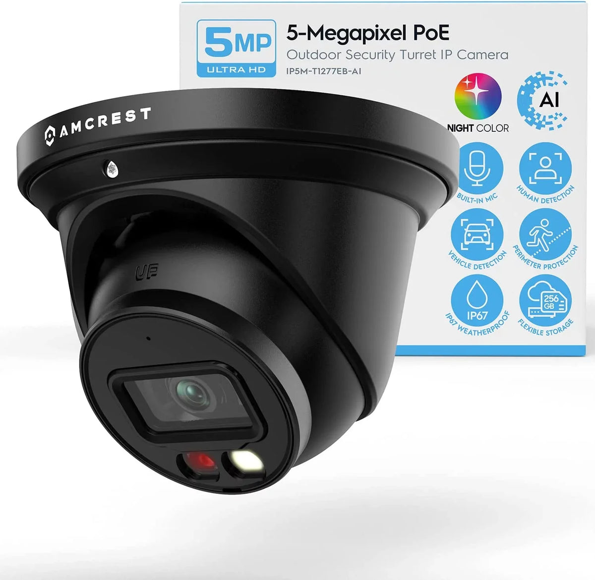 Amcrest AI Turret IP PoE Camera w/ 164ft Nightvision, Security IP Camera Outdoor, Built-in Microphone, Human & Vehicle Detection, 129° FOV, 5MP@20fps IP5M-T1277EB-AI