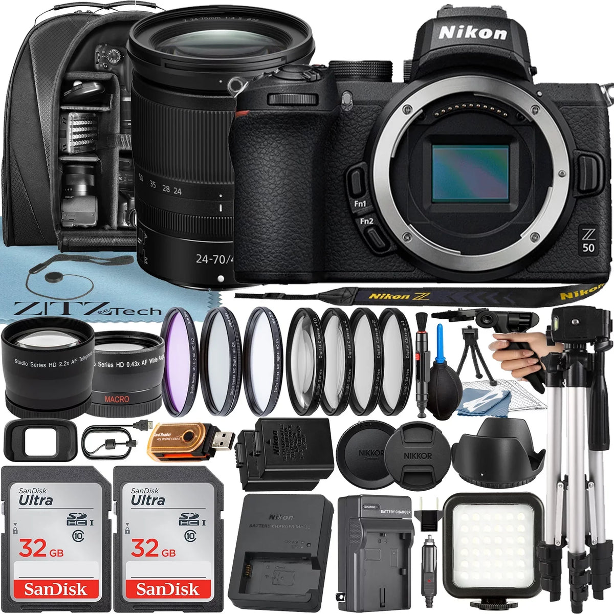 Z50 Mirrorless Camera with NIKKOR Z 24-70mm f/4 S Lens + 2 Pack 32GB SanDisk Card + Case + Tripod + ZeeTech Accessory Bundle