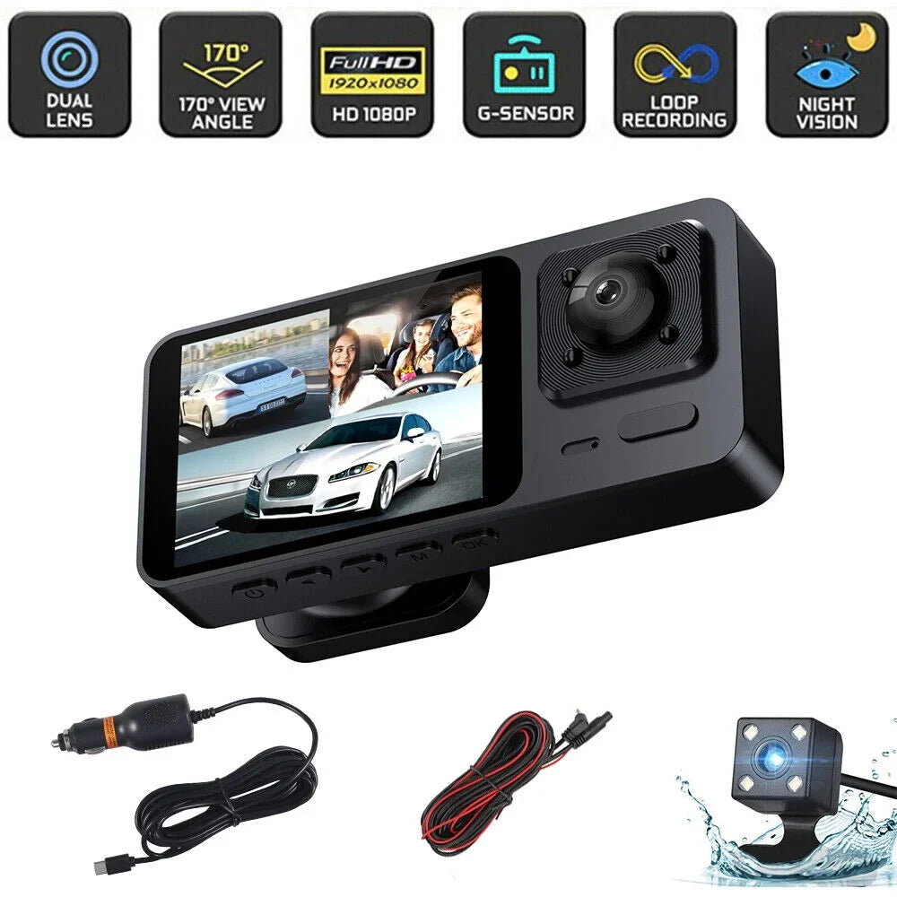 Paddsun Car Dual Lens Dash Camera Cam HD 1080P Front/Rear/Inside Video Recorder G-Sensor