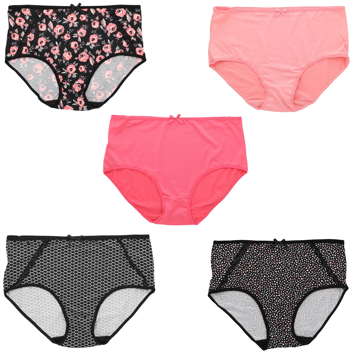 Delta Burke Intimates Women's Plus Size Sexy Classic High Rise Brief Panties (5Pr) (X-Large, Hot Pink Black Florals)