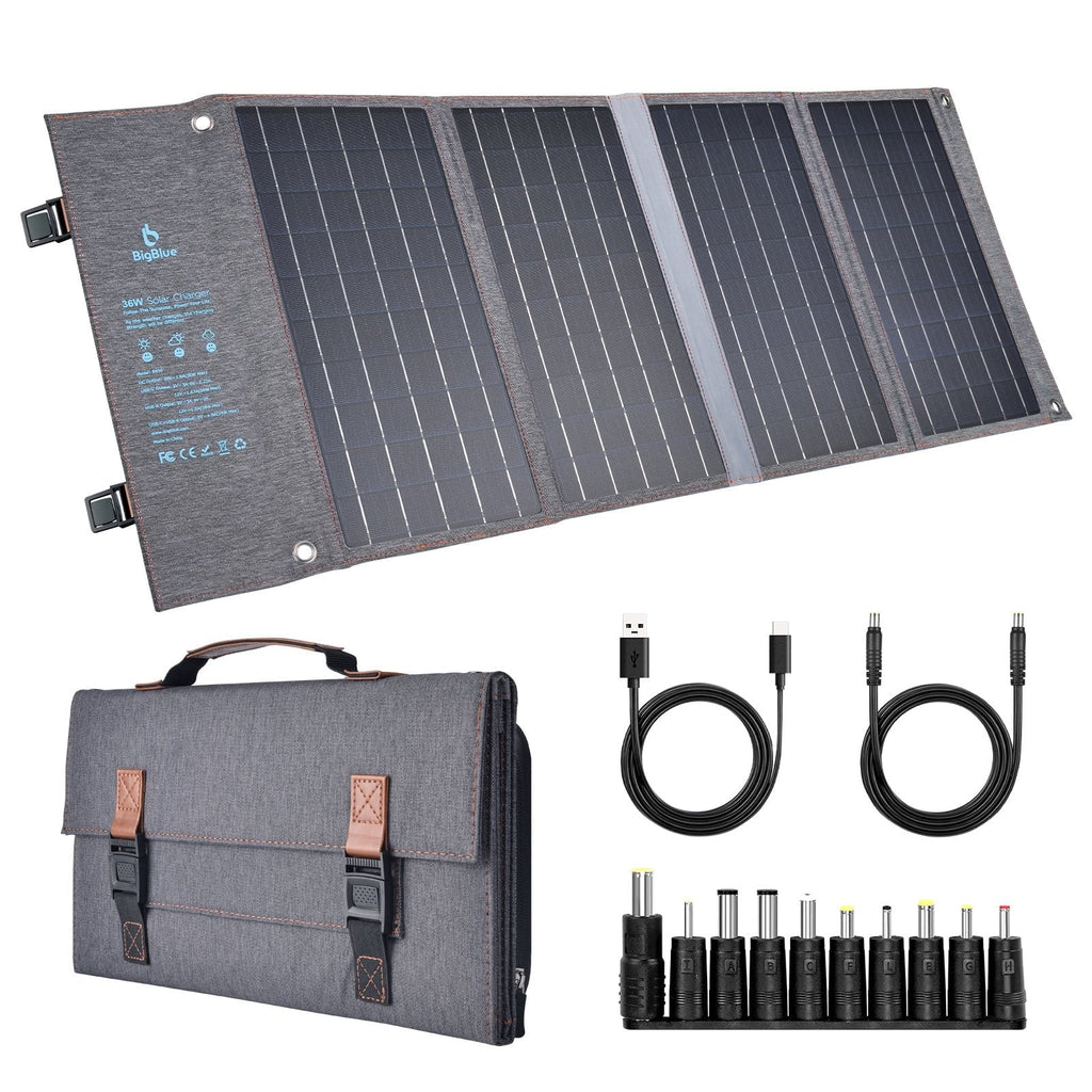 BigBlue 36W Solar Phone Charger with DC(20V/1.8A), PD 20W USB-C and Fast Charge USB-A, IP54 Waterproof, Portable SunPower Solar Panel for Camping