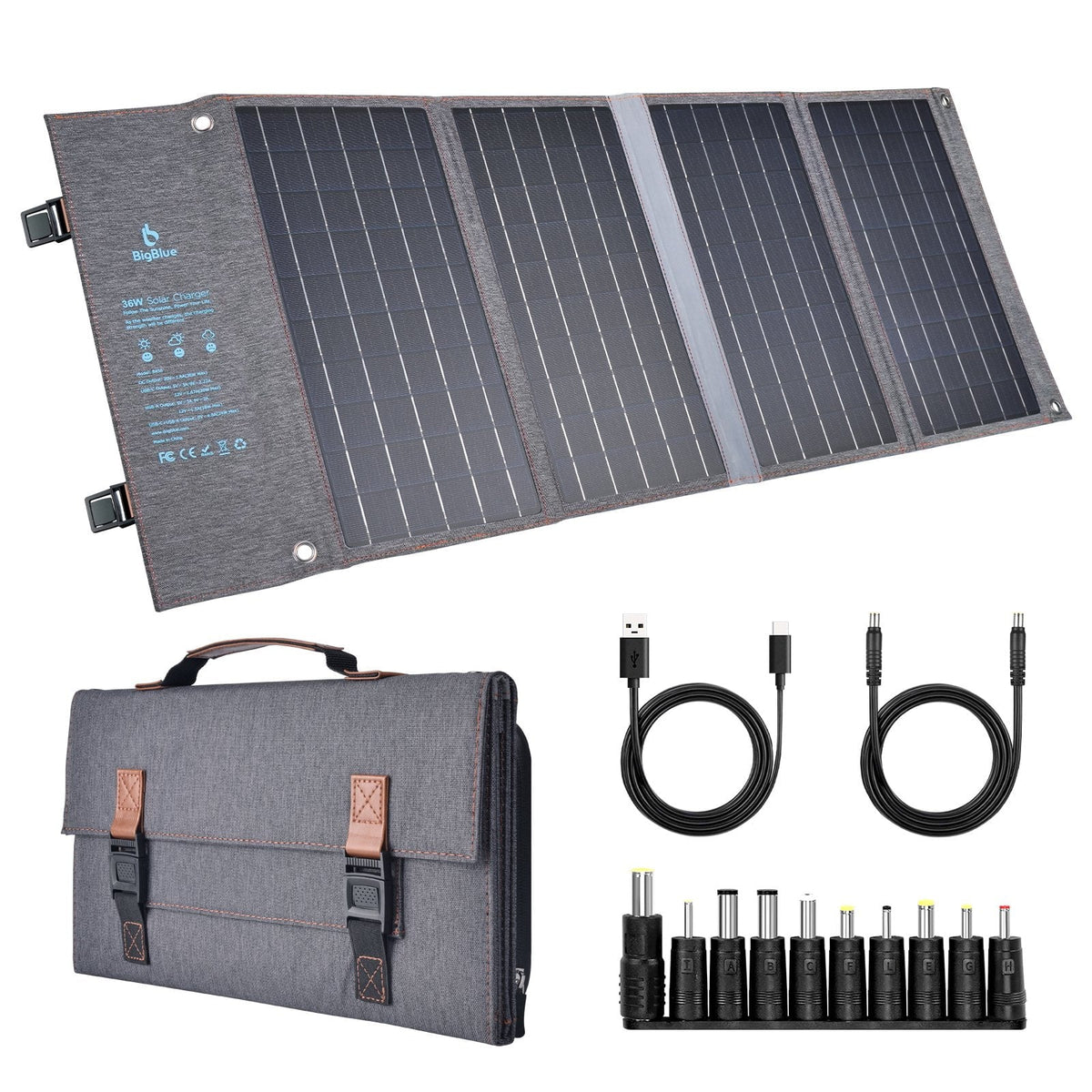 BigBlue 36W Solar Phone Charger with DC(20V/1.8A), PD 20W USB-C and Fast Charge USB-A, IP54 Waterproof, Portable SunPower Solar Panel for Camping