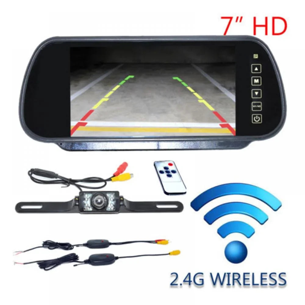 7inch LCD Car Rear View Backup Mirror Monitor +Night Vision IR Reverse Camera+Wireless Transmitter Receiver Kit