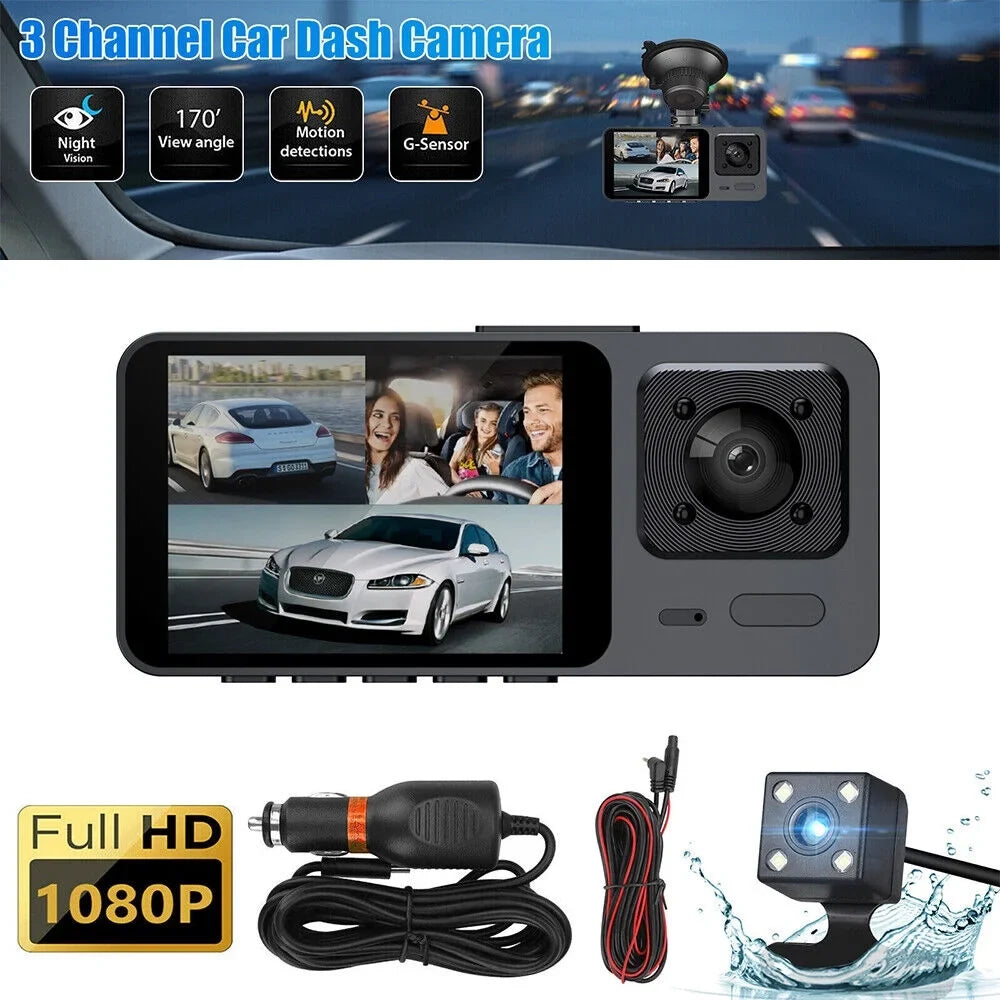 Paddsun Car Dual Lens Dash Camera Cam HD 1080P Front/Rear/Inside Video Recorder G-Sensor