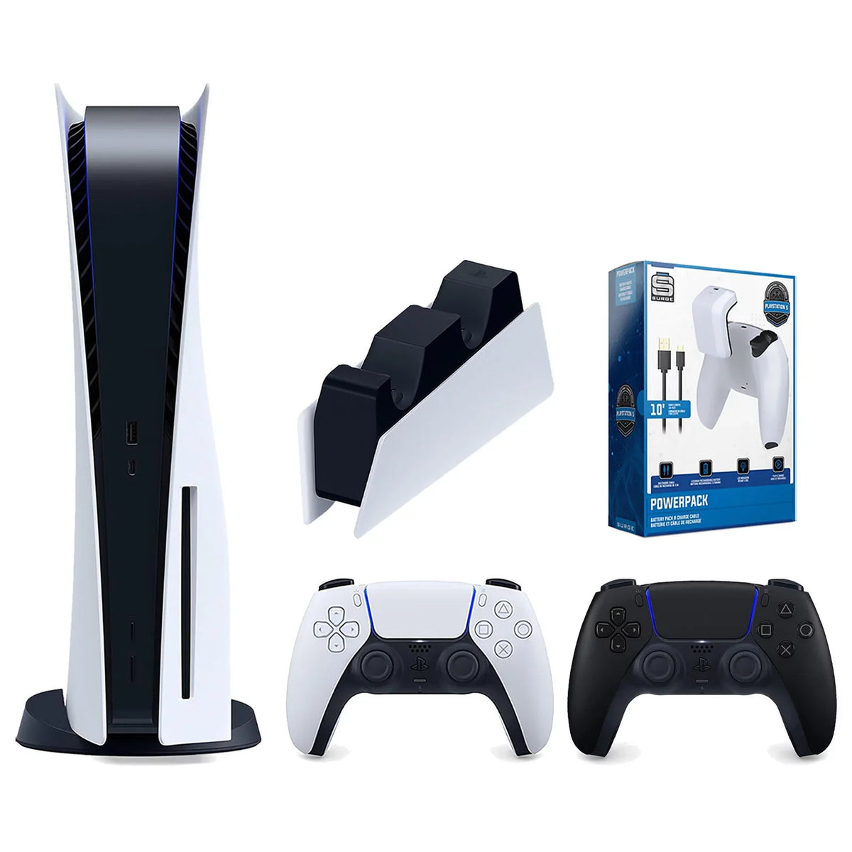 Playstation 5 Disc Version Console with Extra Black Controller, DualSense Charging Station and Surge PowerPack Battery Pack & Charge Cable Bundle