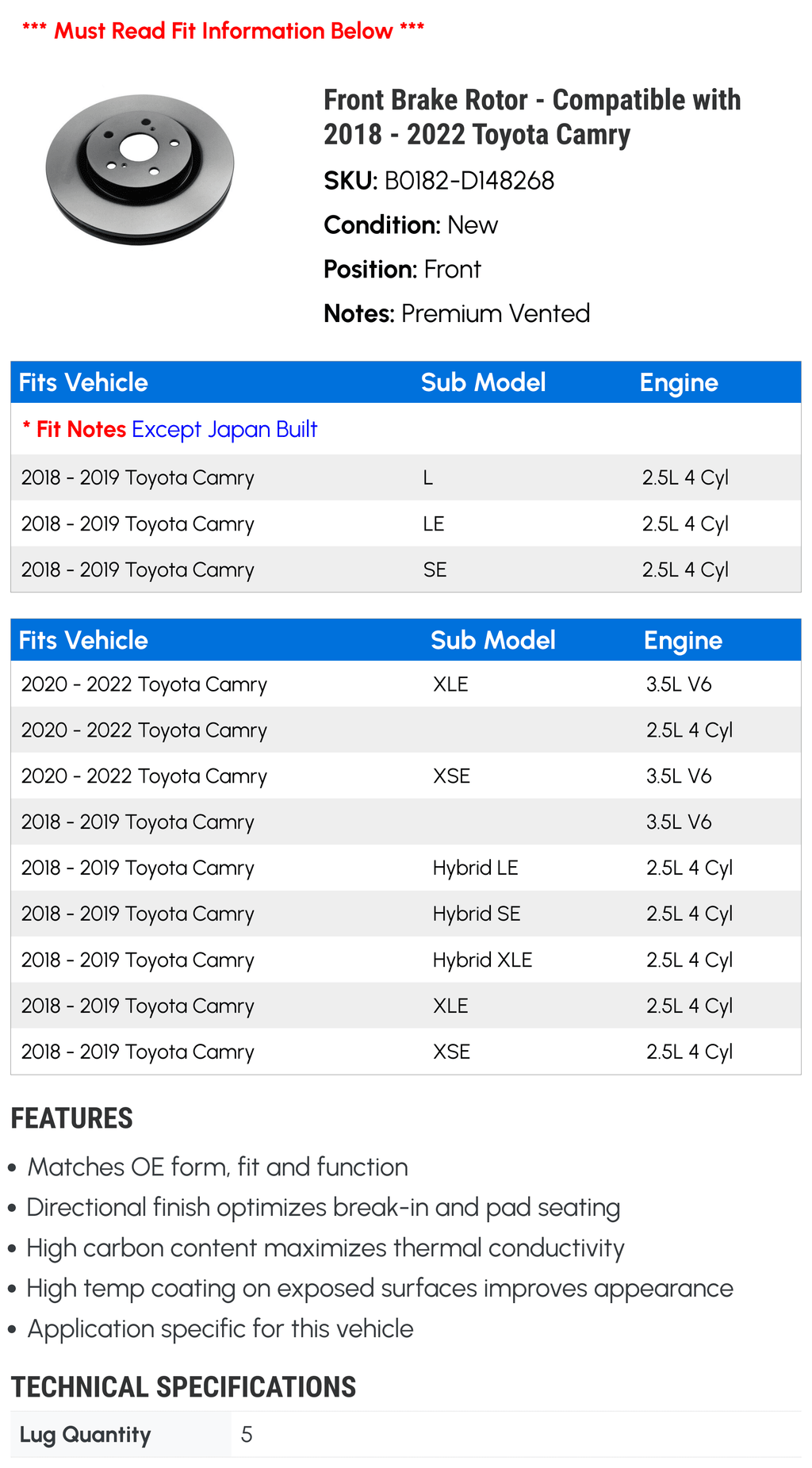 Front Brake Rotor - suitable with 2018 - 2022  Camry 2019 2020 2021
