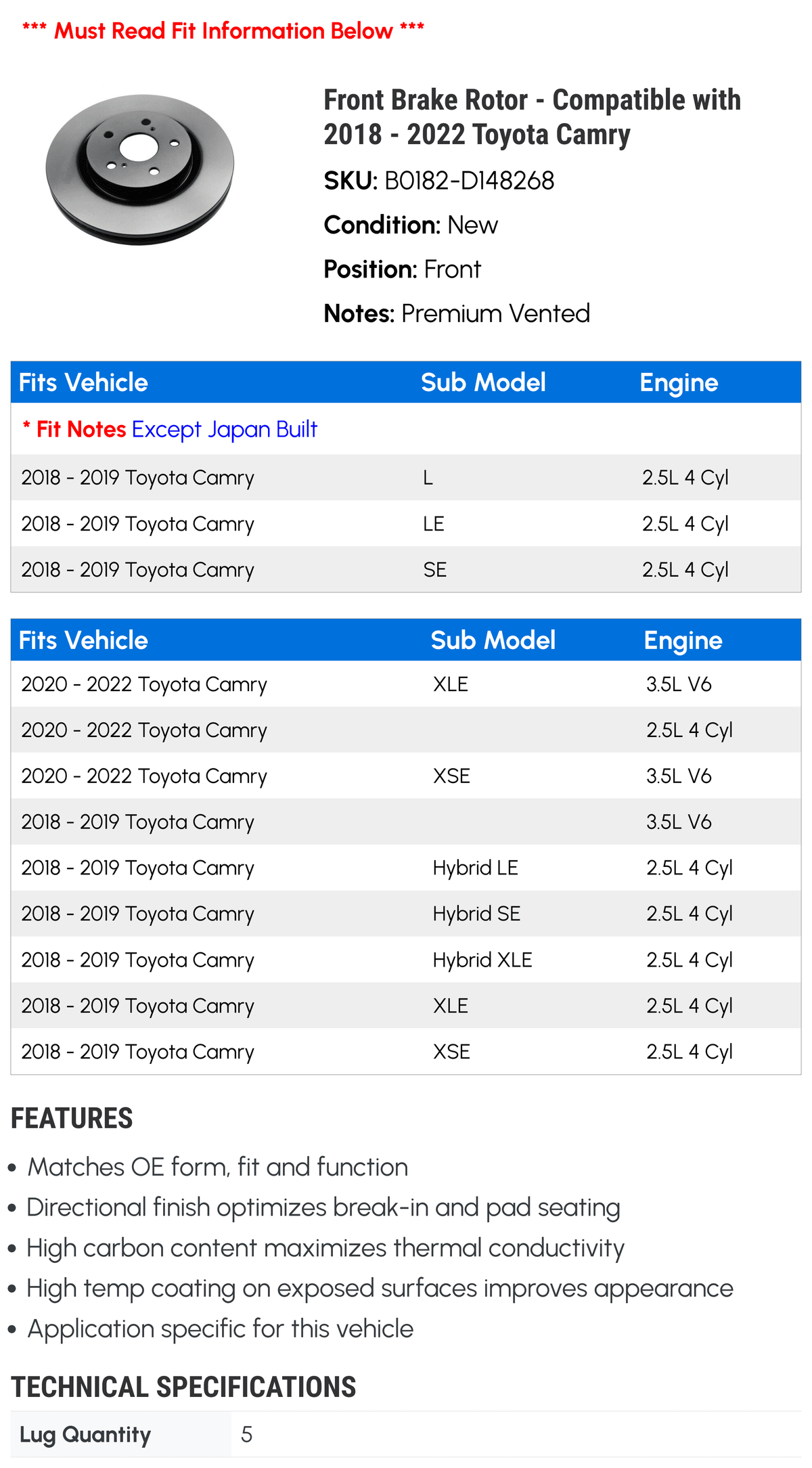 Front Brake Rotor - suitable with 2018 - 2022  Camry 2019 2020 2021