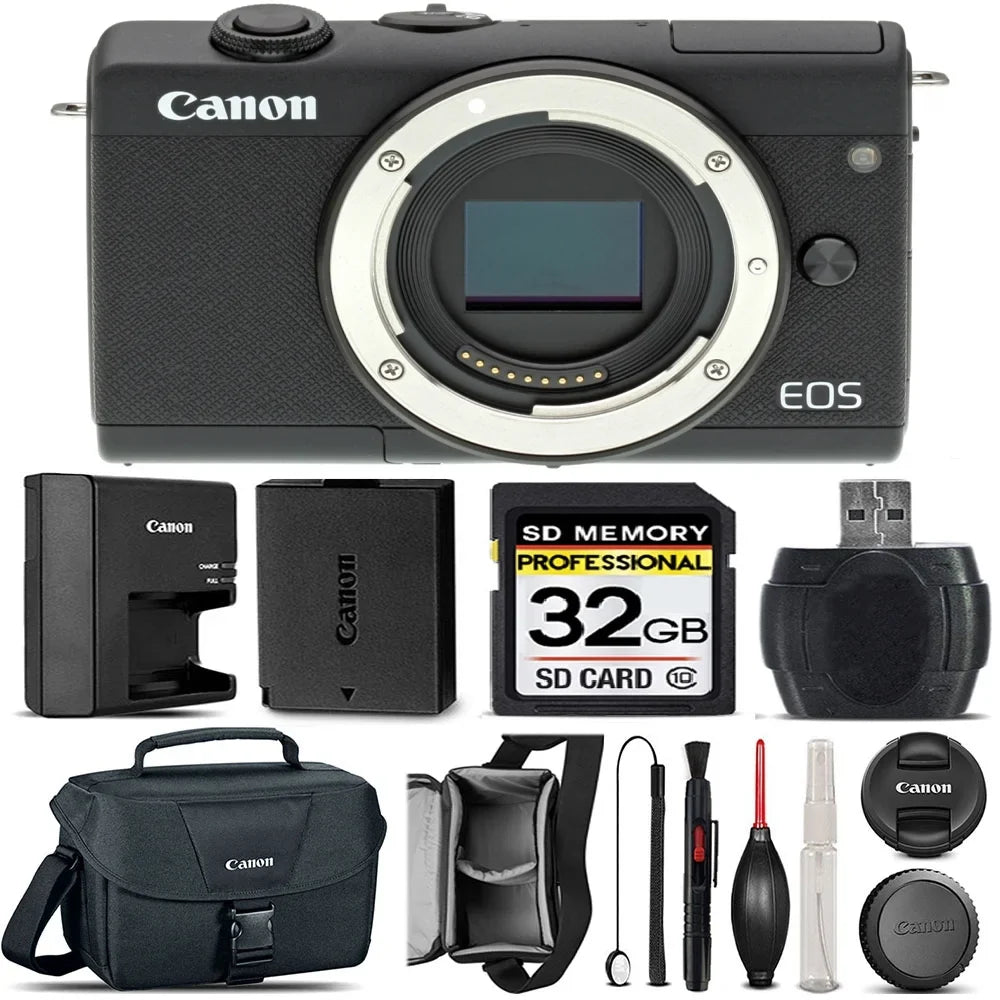 EOS M200 DSLR Camera (Body Only) +  32GB Class 10 Memory Card +  EOS Shoulder Bag 100ES + Card Reader + Lens Cap Holder - International Version