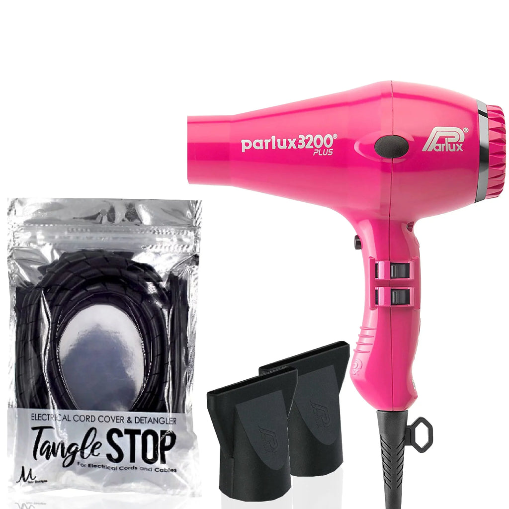 Parlux 3200 Plus Fuchsia Hair Dryer and M Hair Designs Tangle Stop Cord shield Detangler Black (Bundle - 2 Items)