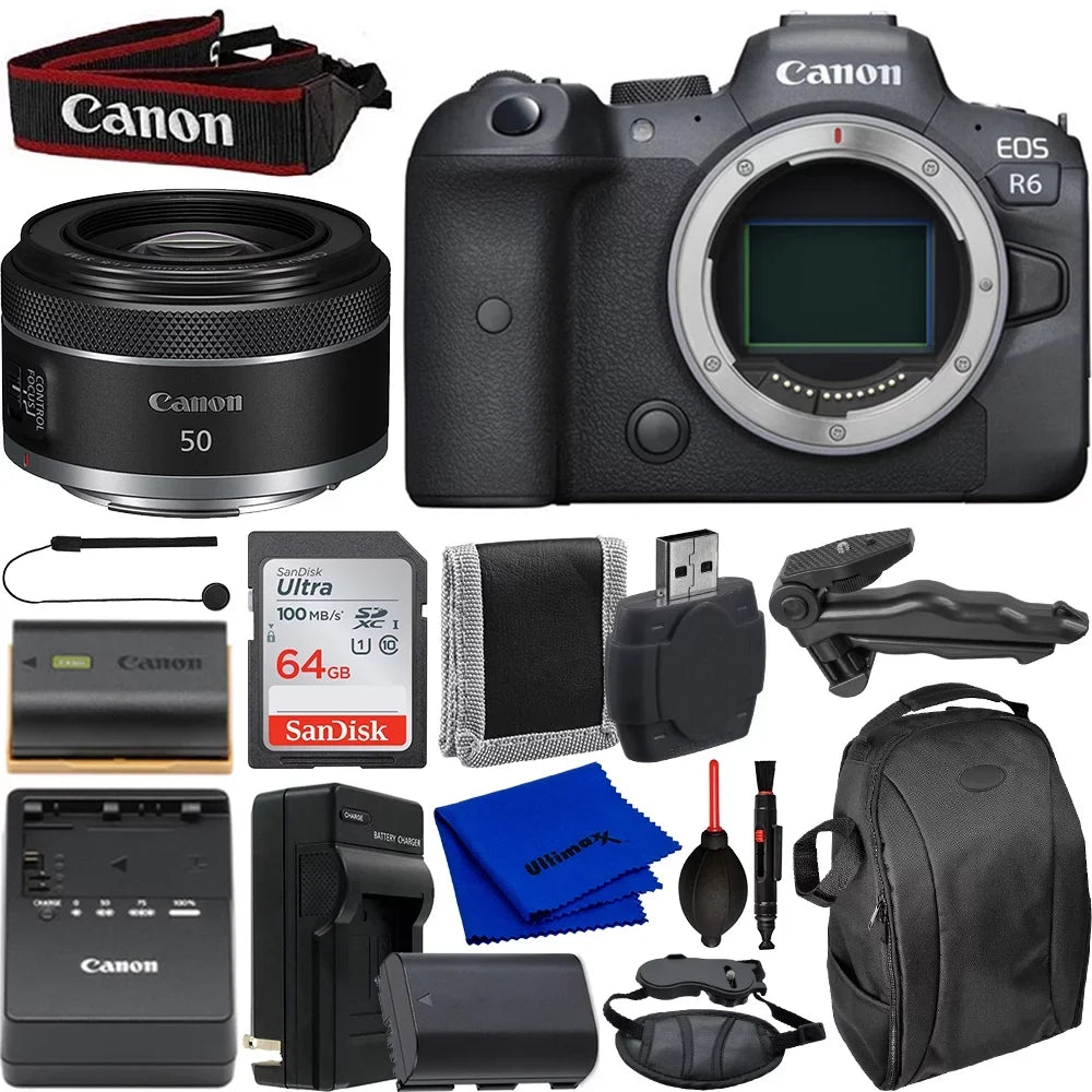 Ultimaxx Starter  EOS R6 Mirrorless Camera with RF 50mm f/1.8 STM Lens Bundle - Includes: 64GB Ultra Memory Card, Replacement Battery & Much More