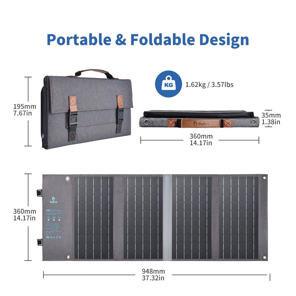 BigBlue 36W Solar Phone Charger with DC(20V/1.8A), PD 20W USB-C and Fast Charge USB-A, IP54 Waterproof, Portable SunPower Solar Panel for Camping