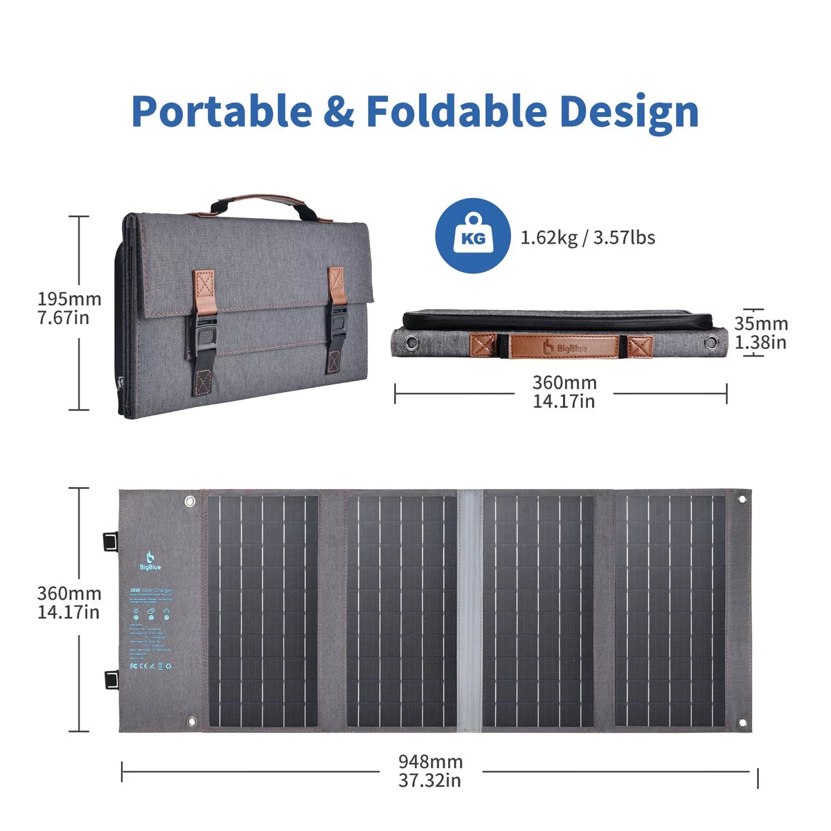 BigBlue 36W Solar Phone Charger with DC(20V/1.8A), PD 20W USB-C and Fast Charge USB-A, IP54 Waterproof, Portable SunPower Solar Panel for Camping
