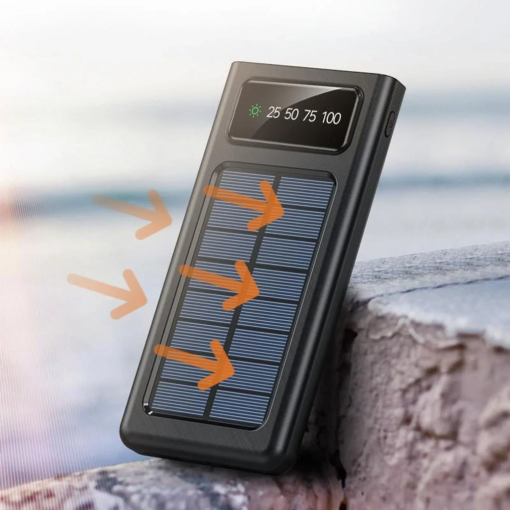 Solar Power Bank 20000Mah Built In 4 Cables Portable Charger W Dual LED Flash