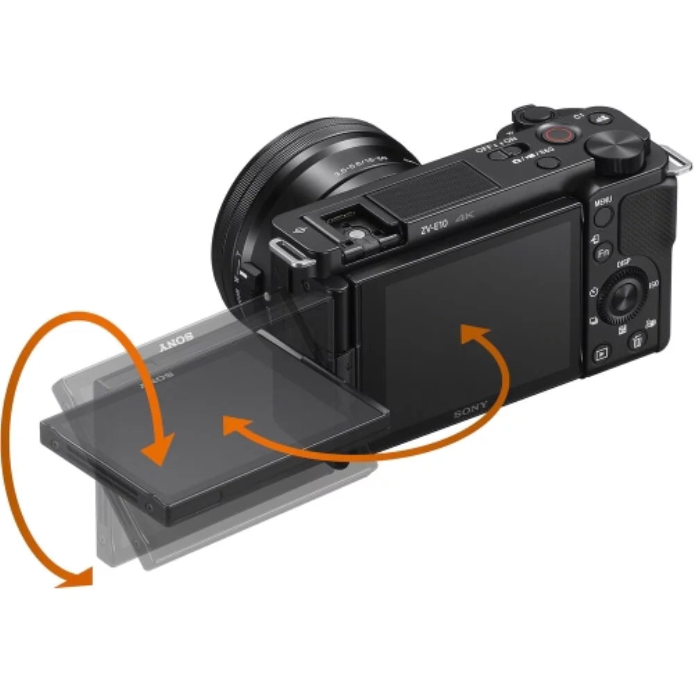 ZV-E10 Mirrorless Camera |16-50mm Lens (Black) Bundle with Transcend 64GB Memory Card + Flexible Tripod + Camera Bag + Cleaning Kit (5 Items)