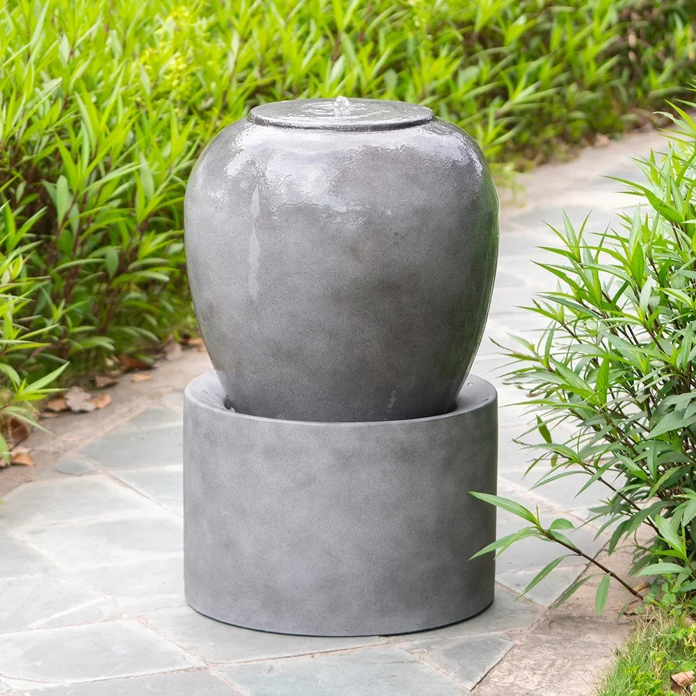 19.5x19.5x32.5" Heavy Outdoor Cement Fountain Antique Gray, Cute Unique Urn Design aqua feature For Home Garden, Lawn, Deck & Patio