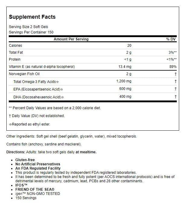 '- 300 Softgels. Carlson Labs - Norwegian Super Omega-3 Gems Fish Oil Concentrate 1000 mg