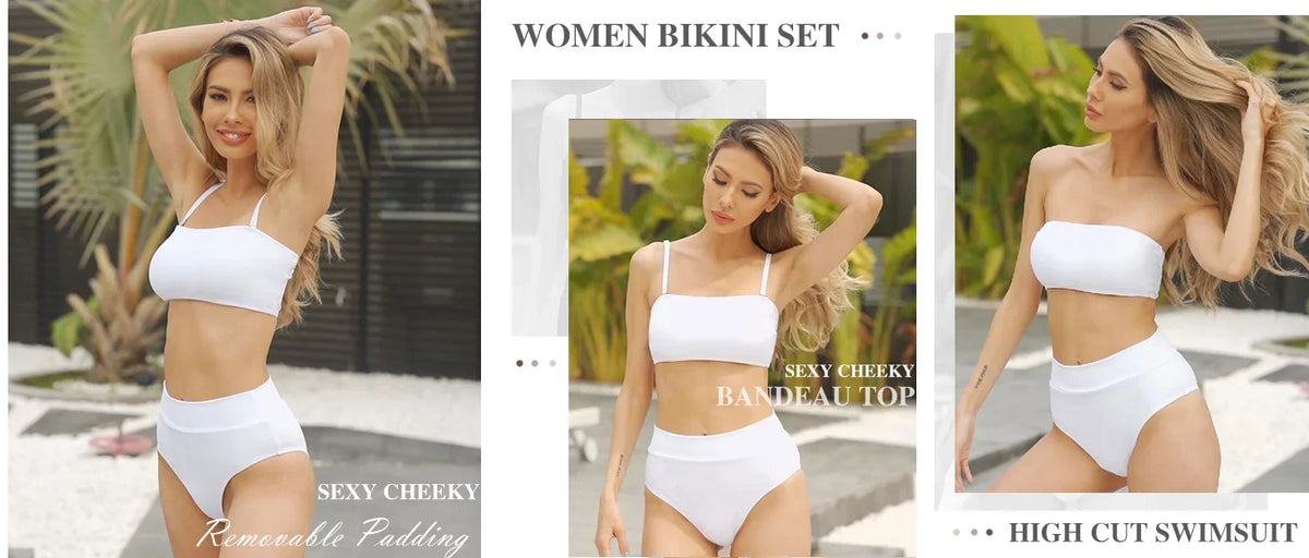 Pink Queen Women's Removable Strap Wrap Pad Cheeky High Waist Bikini Set Swimsuit White L