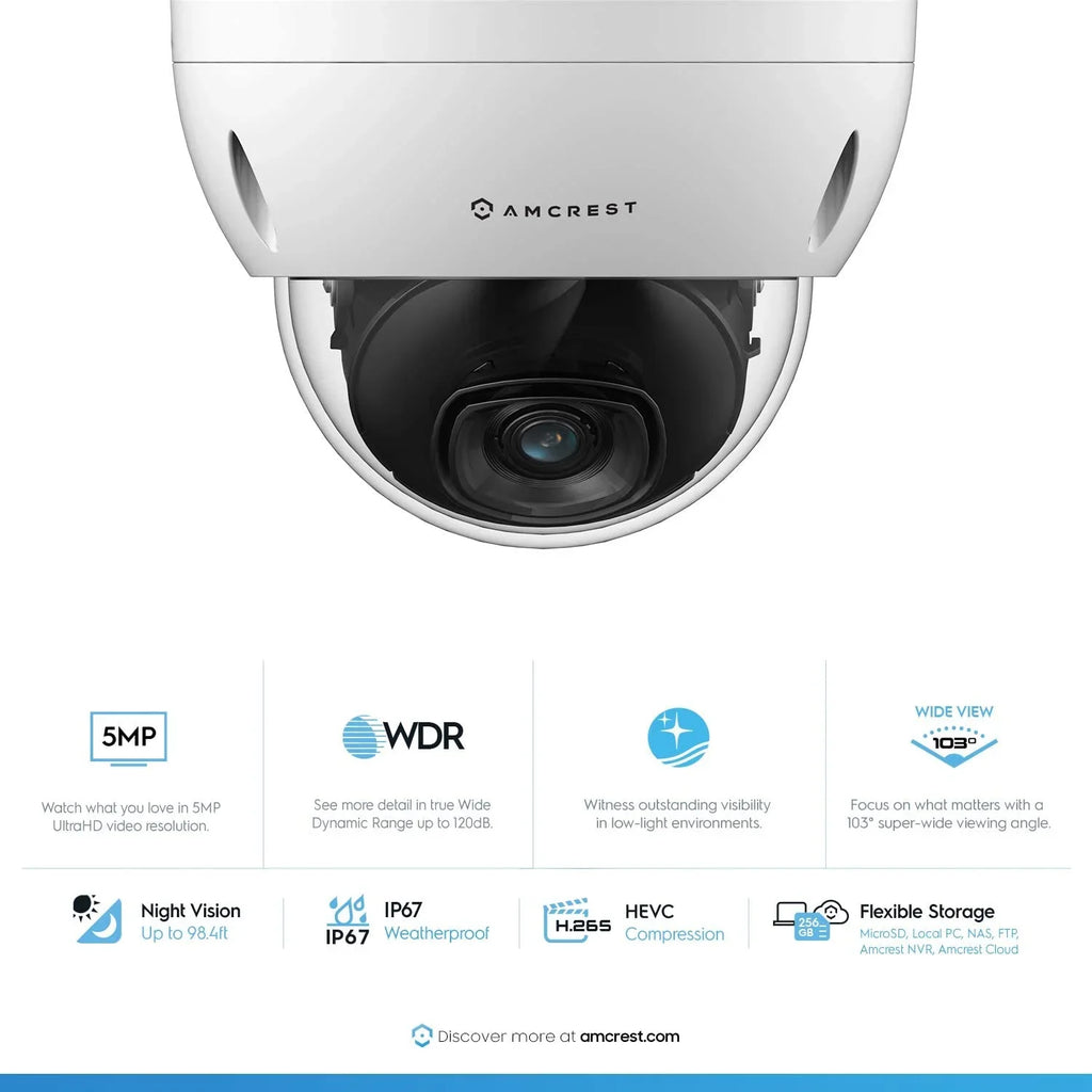 Night Vision, 2.8mm Lens, IP67, IK10 Resistance, Cloud, NVR (IP5M-D1188EW-28MM). Amcrest 5MP POE Camera, Outdoor Vandal Dome Security POE IP Camera, 5-Megapixel, 98ft