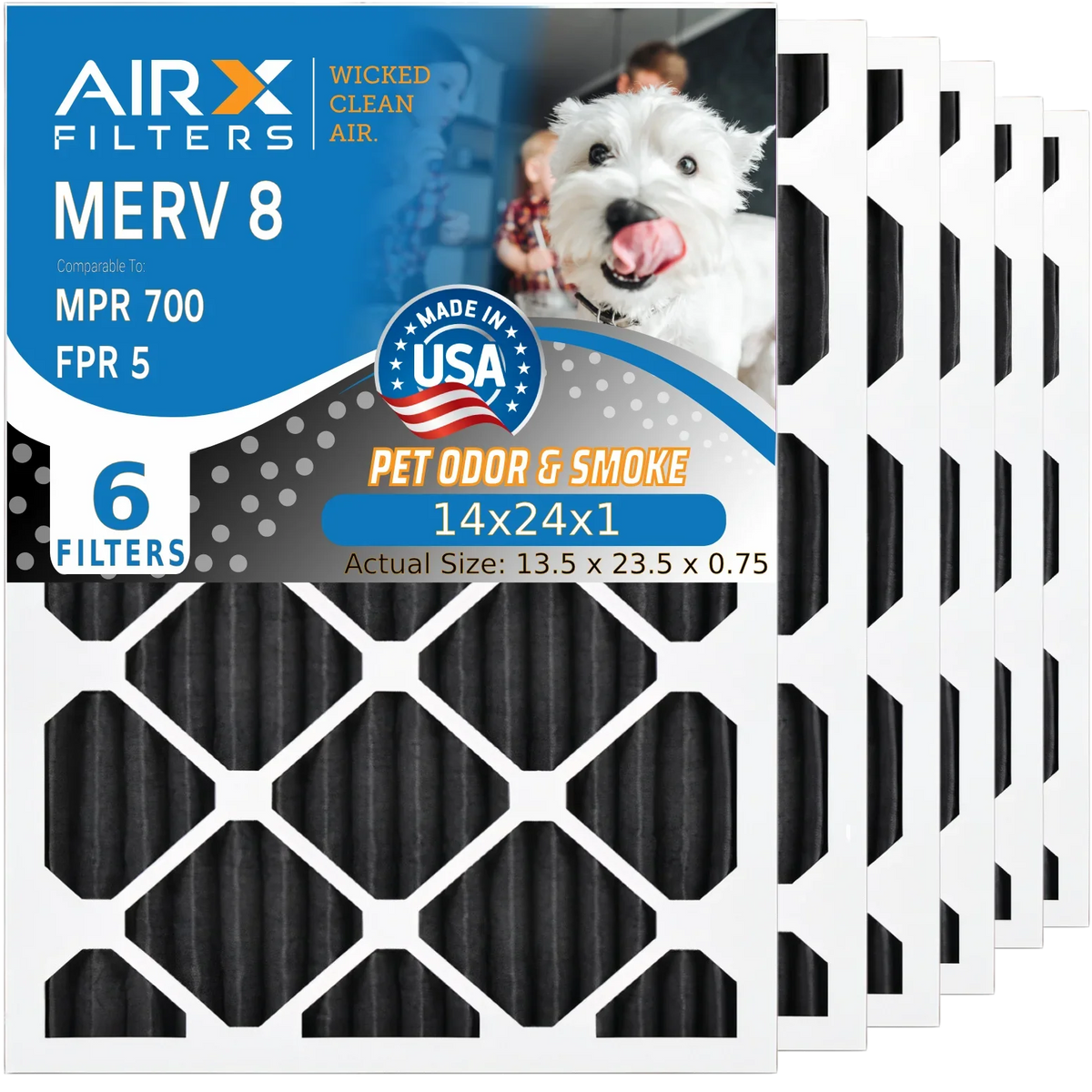 6 Pack. 14x24x1 Air Filter Odor Eliminator Carbon Filter MERV 8 Comparable to MPR 700 & FPR 5 AC HVAC Premium USA Made 14x24x1 Furnace Filters by AIRX FILTERS WICKED CLEAN AIR