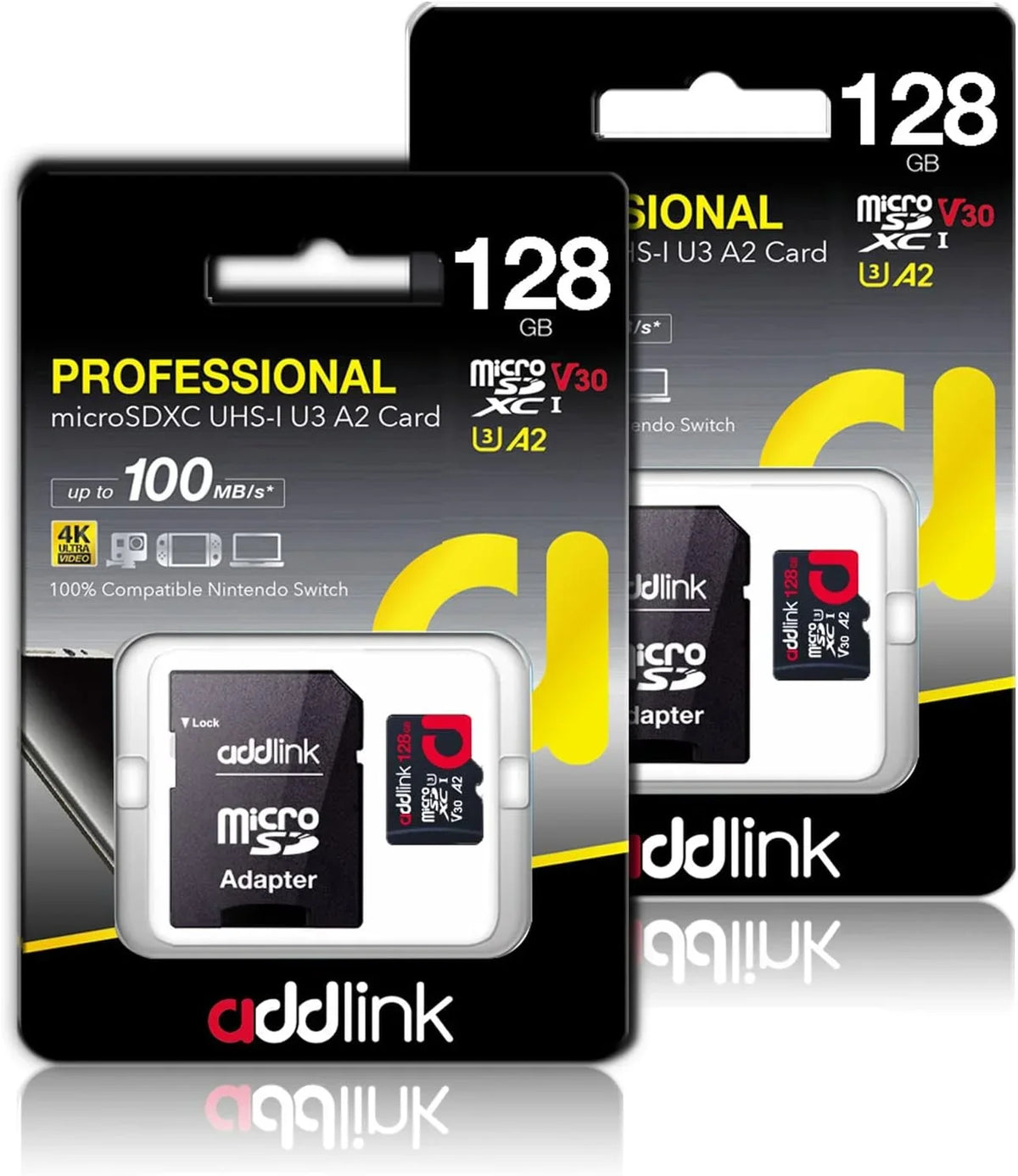 addlink roSDXC 128GB 2-Pack + Adapter UHS-1 U4 V30, suitable for Android Smartphones, Camera, Dash Cam Tablets, Go
