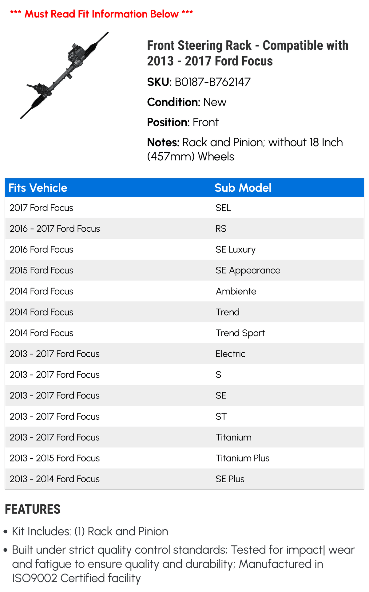 Front Steering Rack - matching with 2013 - 2017  Focus 2014 2015 2016
