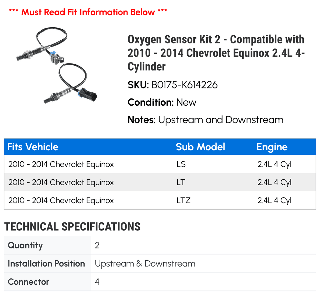 Oxygen Sensor Kit 2 - appropriate with 2010 - 2014 Chevy Equinox 2.4L 4-Cylinder 2011 2012 2013