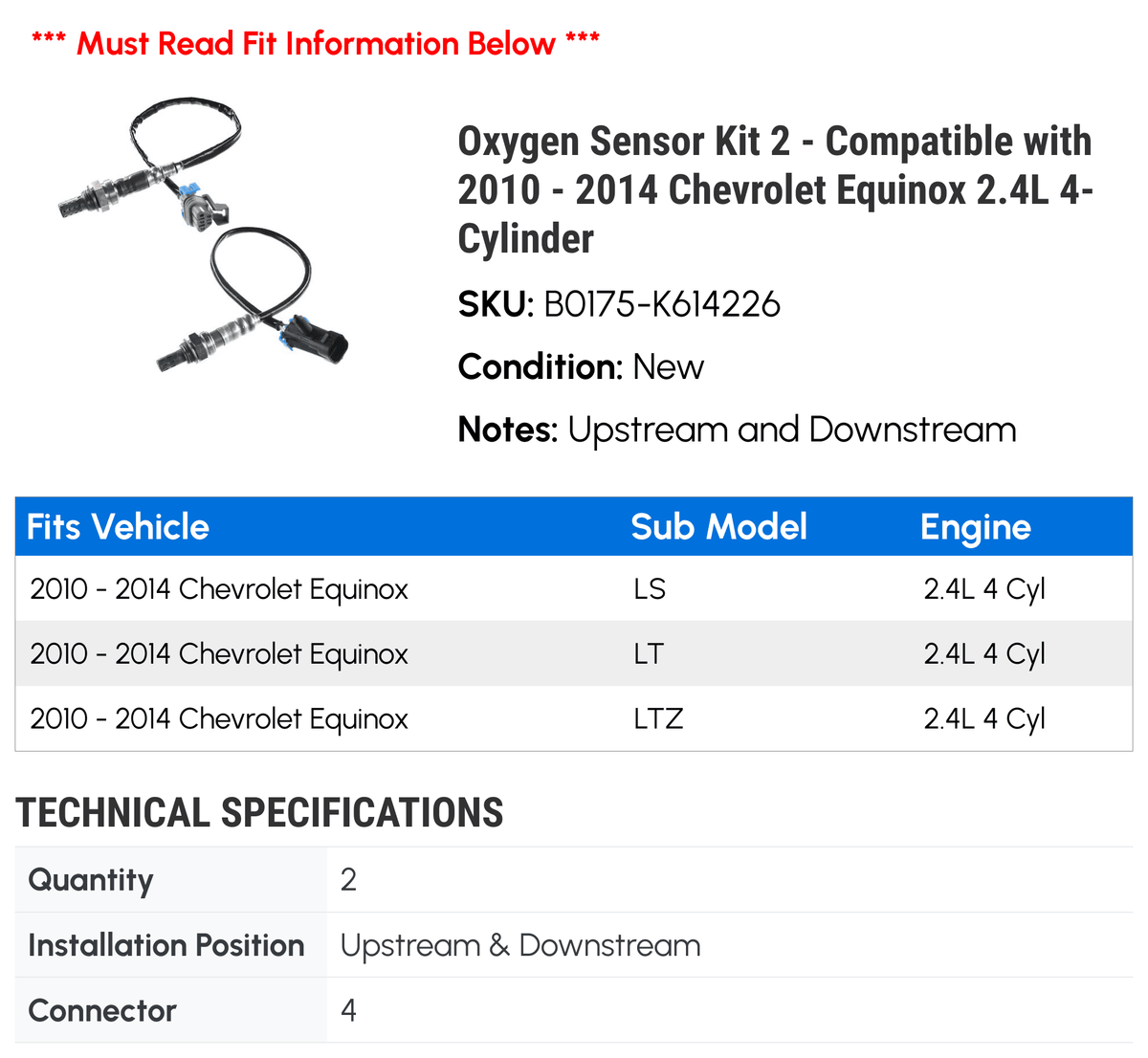 Oxygen Sensor Kit 2 - appropriate with 2010 - 2014 Chevy Equinox 2.4L 4-Cylinder 2011 2012 2013