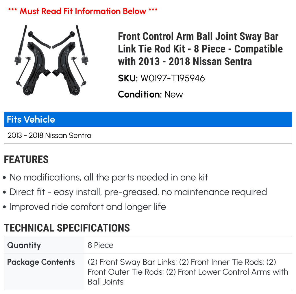 Front Control Arm Ball Joint Sway Bar Link Tie Rod Kit - 8 Piece - suitable with 2013 - 2018 Nissan Sentra 2014 2015 2016 2017