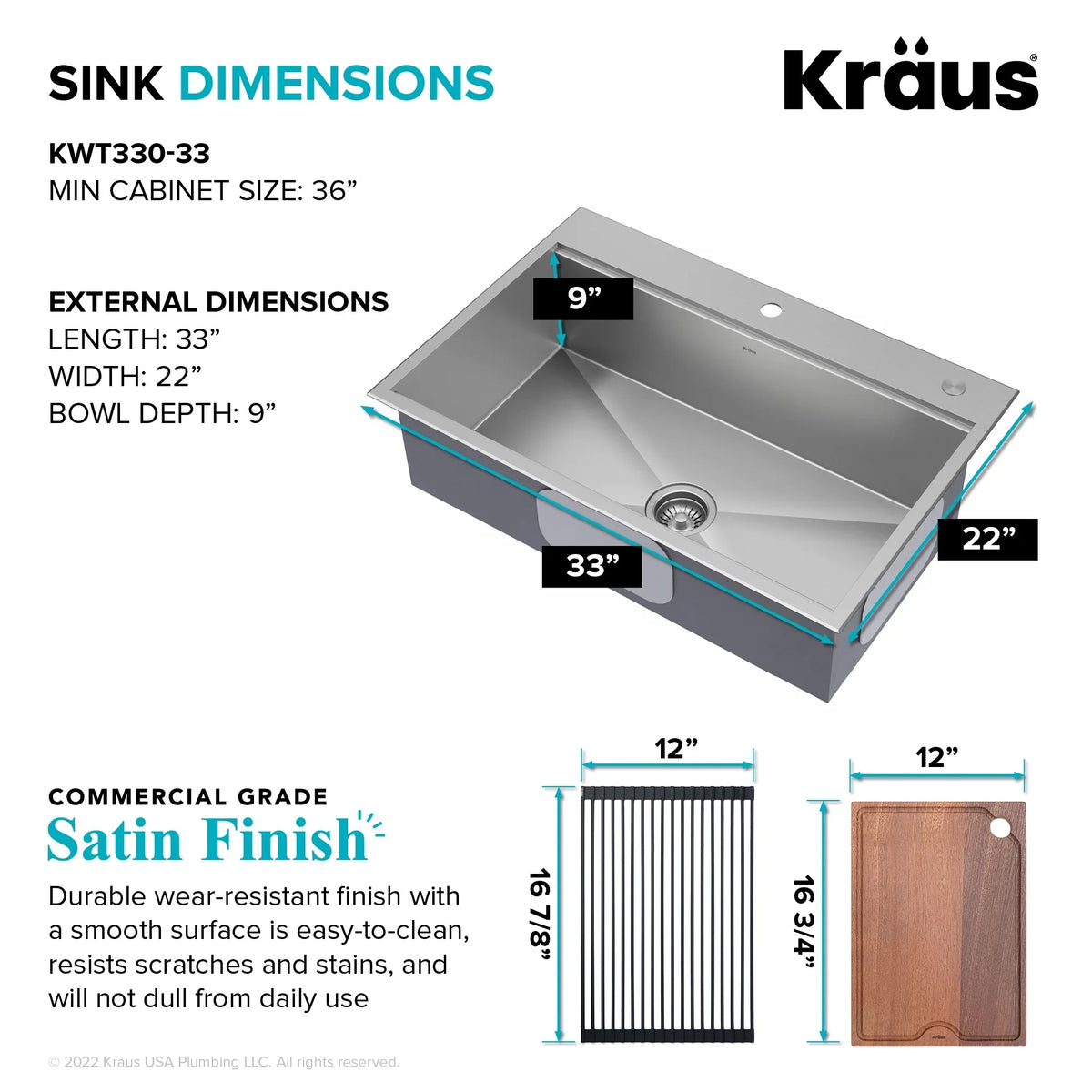 Drop-In / Undermount Workstation16 Gauge Stainless Steel Single Bowl Kitchen Sink with Accessories. Kraus Kore 33 in