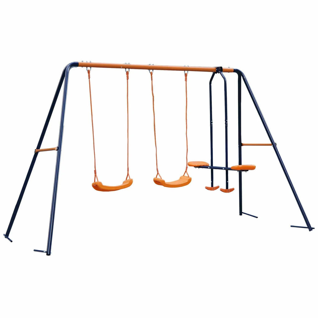 ZENSTYLE Double Metal Swing Set W/ 2 Saucer Swing Seats, 1 Seesaw for Outdoor, Backyard - Kids Toddler Toy, All elements immune