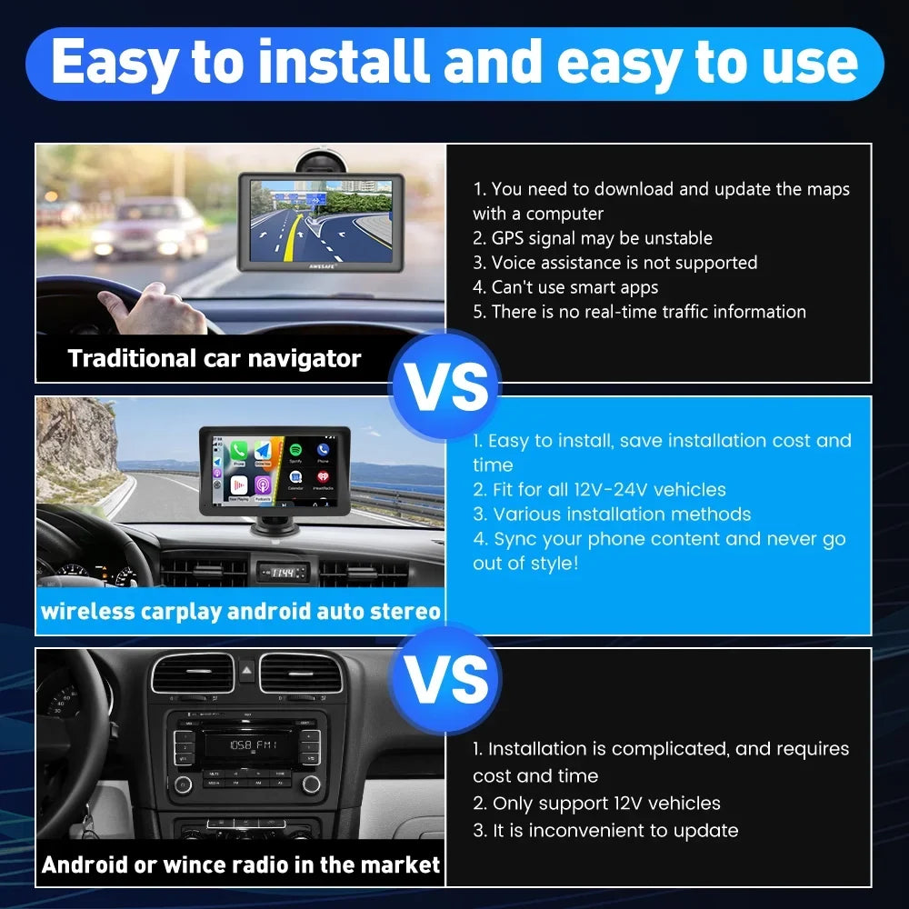 Awesafe 7 inch Touch Screen Wireless  Carplay Car Stereo with Android Auto Support Bluetooth , GPS Navigation,FM Audio, Music, Video