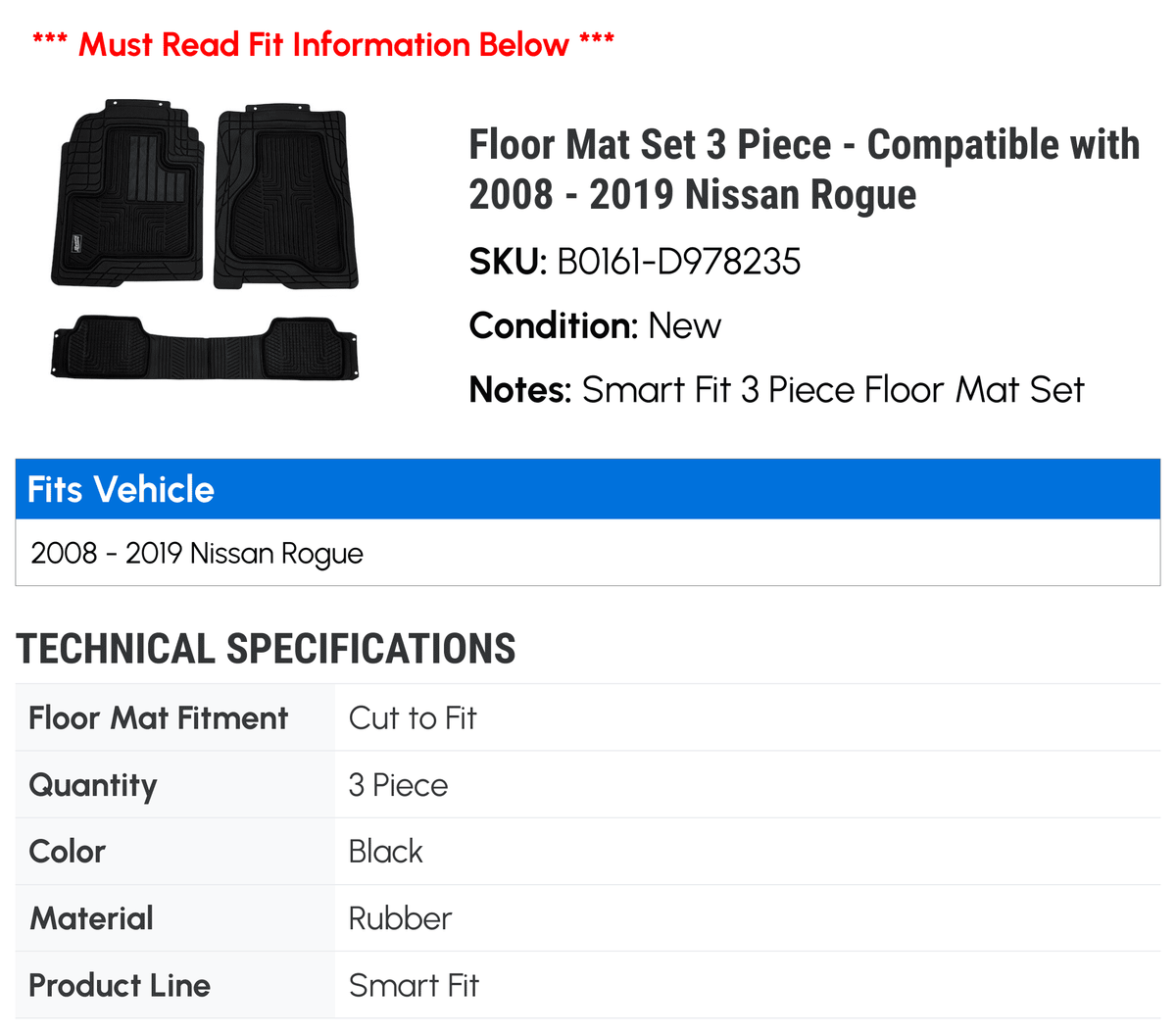 Floor Mat Set 3 Piece - matching with 2008 - 2019 Nissan Rogue 2009 2010 2011 2012 2013 2014 2015 2016 2017 2018