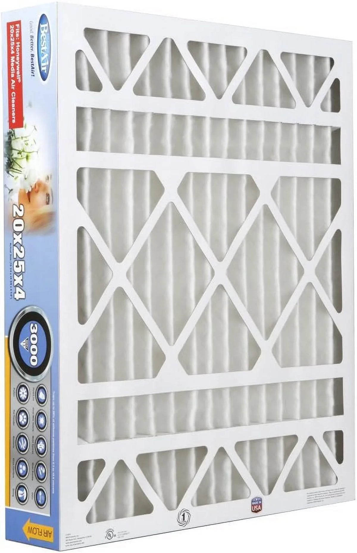 BestAir HW2025-13R AC Furnace Air Filter, 20" x 25" x 4", MERV 13, Removes Allergens & Contaminants, Fits 100%, For Honeywell Models, Pack of 3