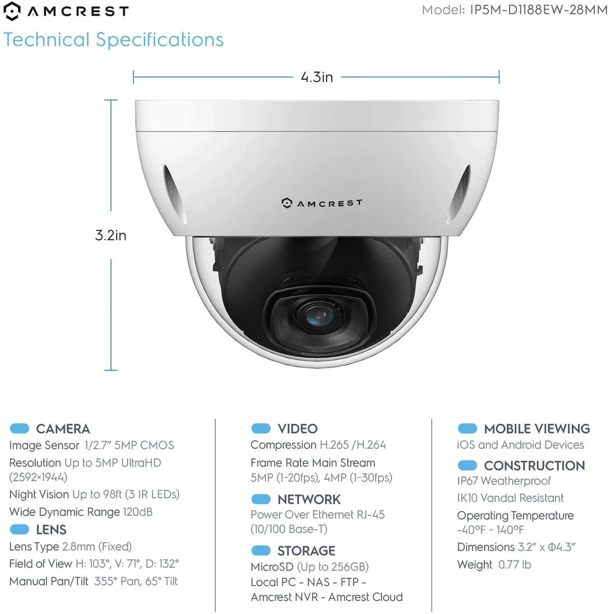 Night Vision, 2.8mm Lens, IP67, IK10 Resistance, Cloud, NVR (IP5M-D1188EW-28MM). Amcrest 5MP POE Camera, Outdoor Vandal Dome Security POE IP Camera, 5-Megapixel, 98ft