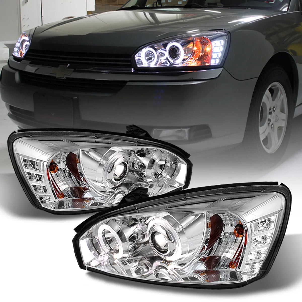 AKKON - For 2004-2007 Chevy Malibu LED Dual Halo DRL Projector Headlights Chrome Housing  w/ Turn Signal Lamps