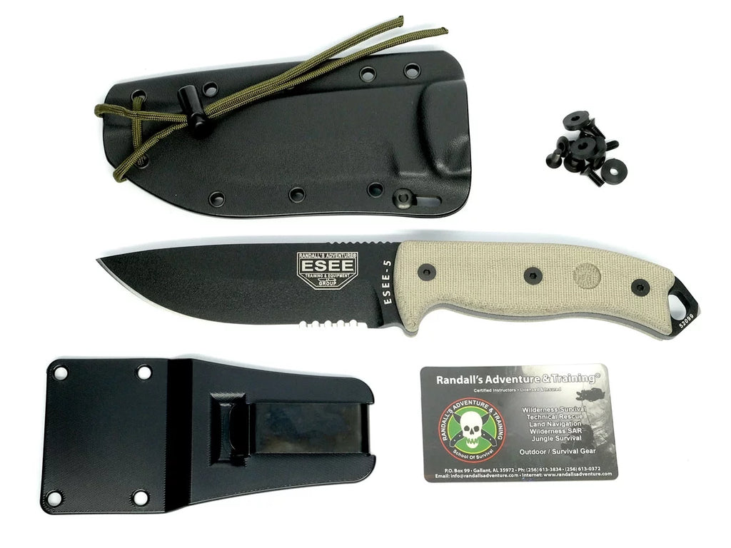 ESEE 5S-E Fixed Blade Knife Black Serrated 1095 Carbon Steel & Natural Micarta Knives