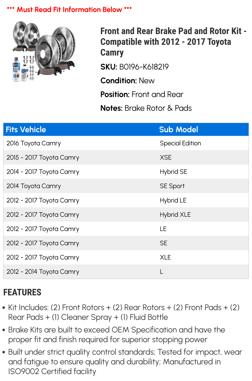 Front and Rear Brake Pad and Rotor Kit - appropriate with 2012 - 2017  Camry 2013 2014 2015 2016