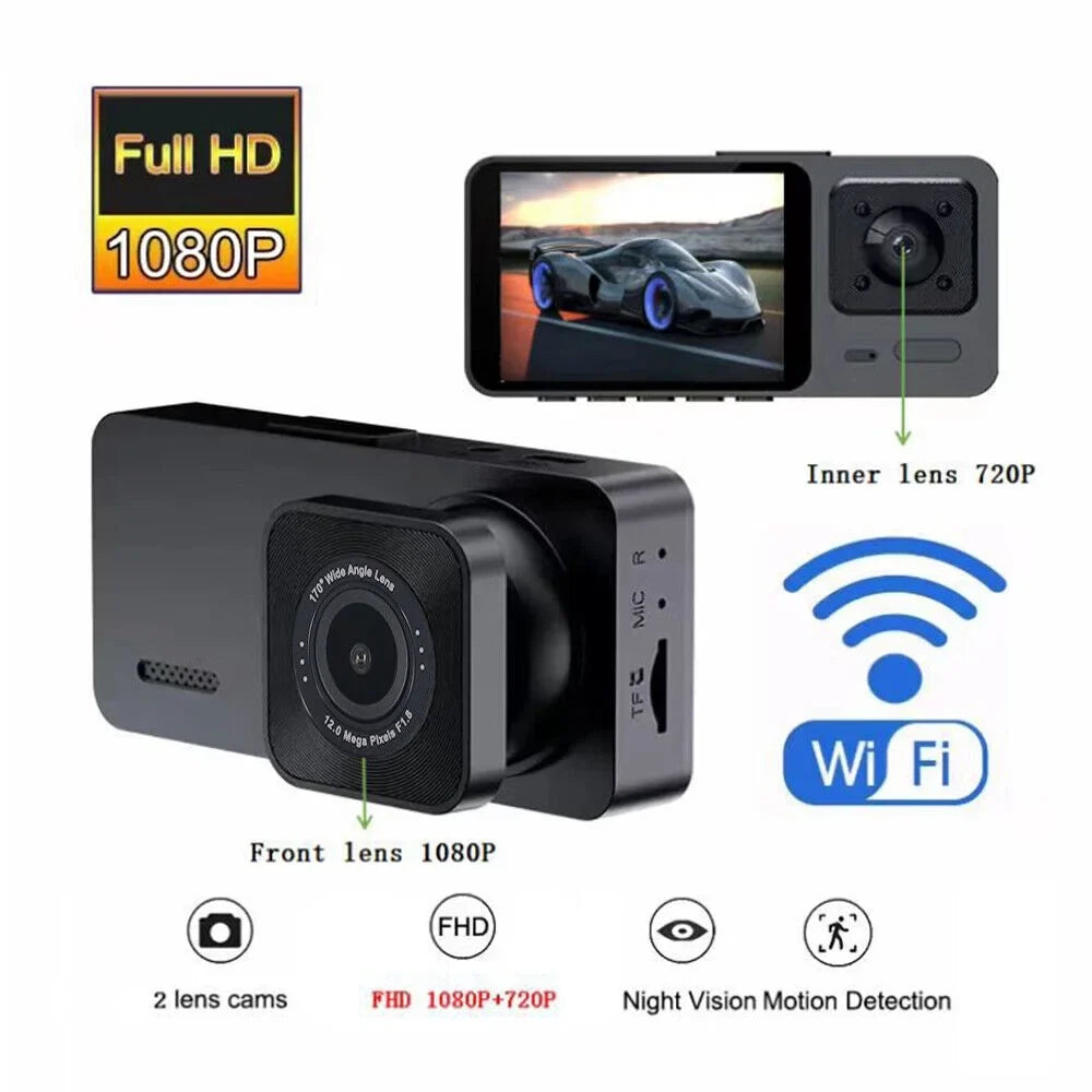 Paddsun Car Dual Lens Dash Camera Cam HD 1080P Front/Rear/Inside Video Recorder G-Sensor