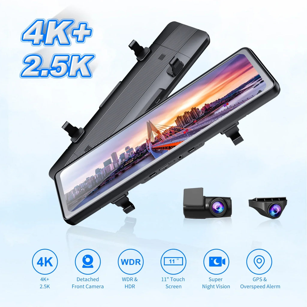 JOMISE 11" Rear View Mirror Camera Dash Cam 4K Front and Rear Split Screen GPS 32G Card 24H Parking Monitor
