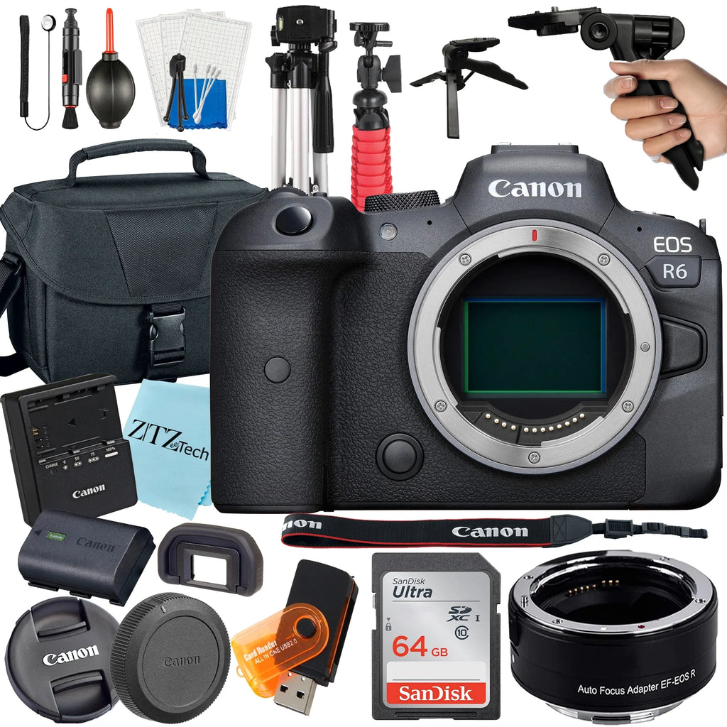 EOS R6 Mirrorless Digital Camera (Body Only) with EF Mount Adapter + 64GB SanDisk + Case + ZeeTech Accessory