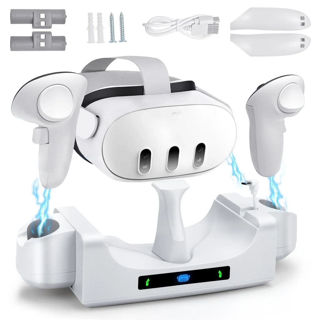 EEEkit Charging Station Fit for Oculus/Meta Quest 3 Headset and Controller, Dual-use Charging Stand with 2 Rechargeable Batteries, Battery wrap, Wall Mount Charging Dock