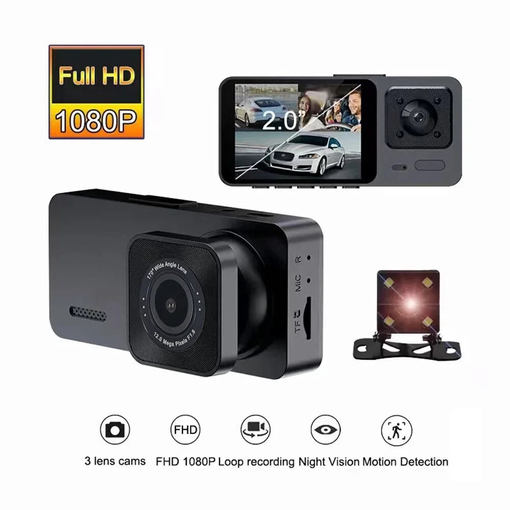 Paddsun Car Dual Lens Dash Camera Cam HD 1080P Front/Rear/Inside Video Recorder G-Sensor