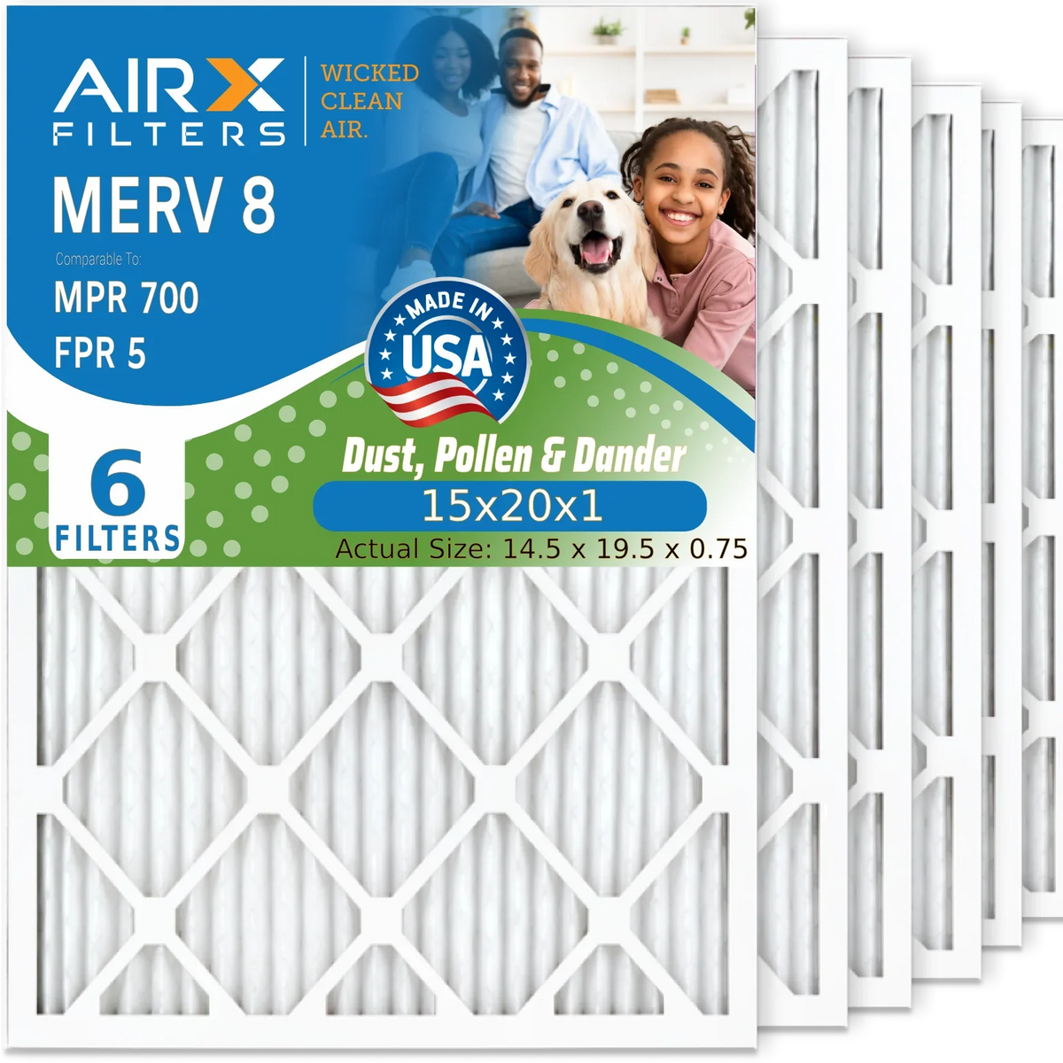 15x20x1 Air Filter MERV 8 Comparable to MPR 700 & FPR 5 suitable with Lennox 91X24 Filter 6 Pack MERV 8 Comparable to MPR 700 & FPR 5 by AIRX FILTERS WICKED CLEAN AIR.