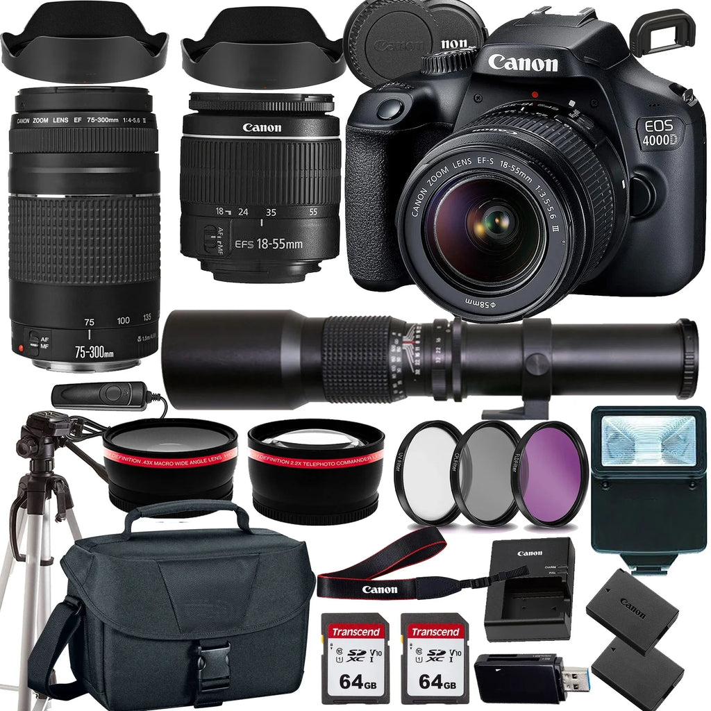 EOS 4000D/Rebel T100 DSLR Camera w/ EF-S 18-55mm F/3.5-5.6 Zoom Lens+ EF 75-300mm III Lens+500mm f/8.0 Telephoto Lens+case+128Memory Cards (24PC)