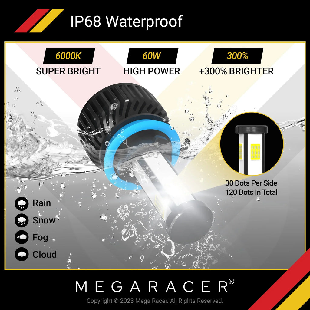 Mega Racer Dodge Durango 4 Sided H11 H9 H8 LED Headlight Bulbs 6000K Diamond White 12V 60W 10000LM Dodge Durango 2014 2015 2016 2017 2018 2019 13 14 15 16 17 18 19 Fog Light Automotive Replacement