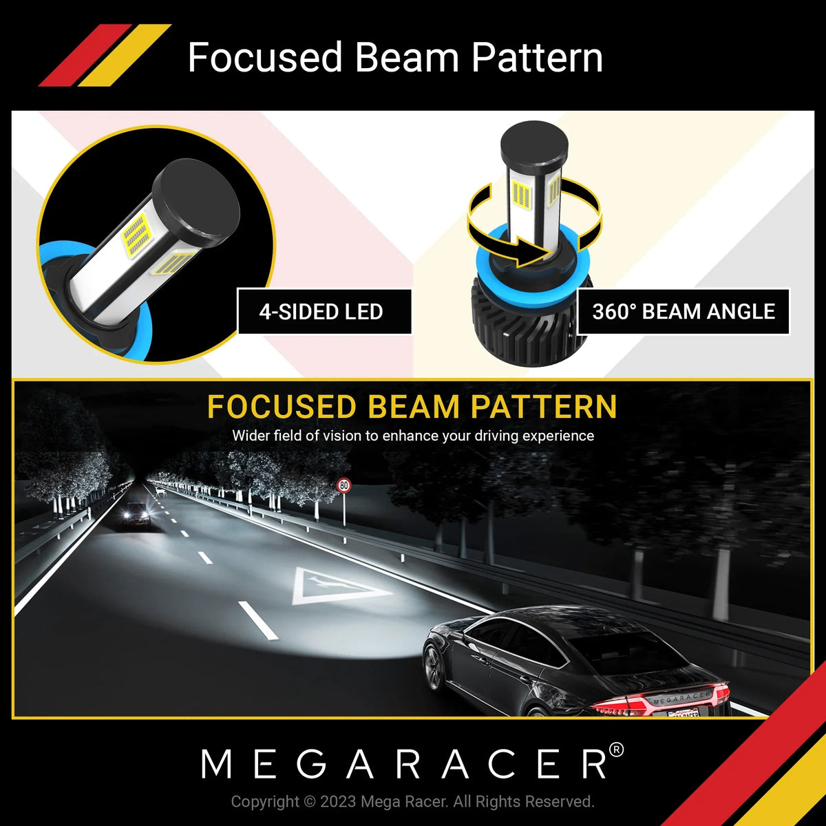 Mega Racer Dodge Durango 4 Sided H11 H9 H8 LED Headlight Bulbs 6000K Diamond White 12V 60W 10000LM Dodge Durango 2014 2015 2016 2017 2018 2019 13 14 15 16 17 18 19 Fog Light Automotive Replacement