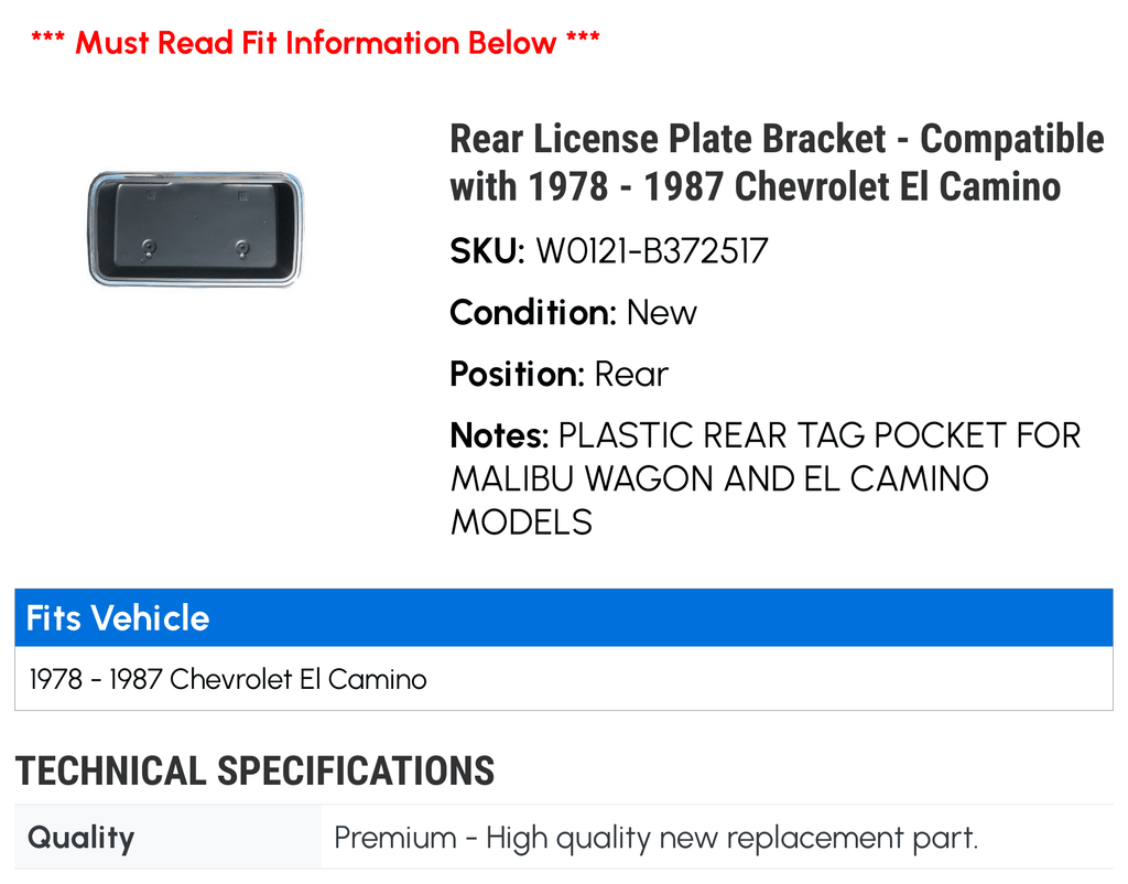 Rear License Plate Bracket - appropriate with 1978 - 1987 Chevy El Camino 1979 1980 1981 1982 1983 1984 1985 1986