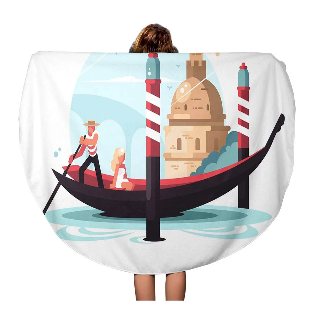 KDAGR 60 inch Round Beach Towel Blanket Venice Gondolier Transports Woman in Gondola Flat Italy ship Travel Circle Circular Towels Mat Tapestry Beach Throw