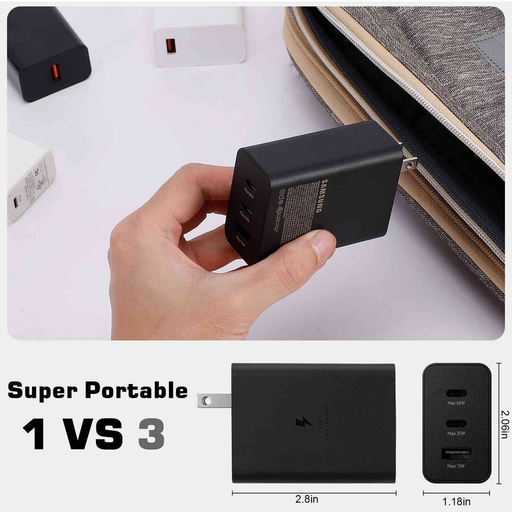 65W Fast Travel Charger with 3 Ports - USB & Dual USB-C - High-Speed Charging for Laptops, Phones vivo Y17/X27 Pro/S1 (China)/X27/iQOO iPhone,  Galaxy, Google Pixel, MacBook, Steam Deck